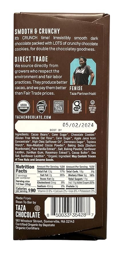 2 Taza Chocolate Organic Smooth & Crunchy Bars 70% Stone Ground, Chocolate Cookie Crunch 2.5 Ounces (10 Count), Vegan