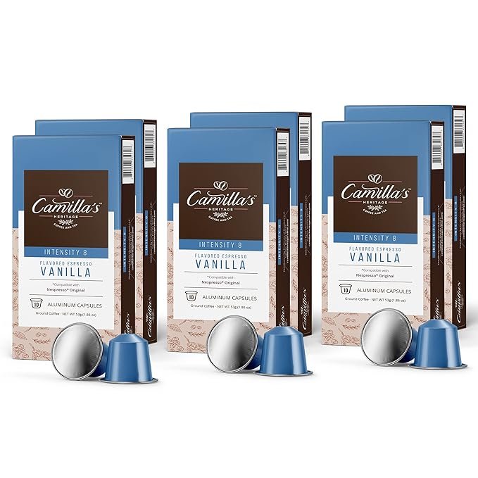 1 Camilla's Coffee Essence, Vanilla-Infused Espresso Capsules, Medium Roast, Intensity 8, Single-Serve Coffee Pods (60 Pack), Nespresso Original Compatible.