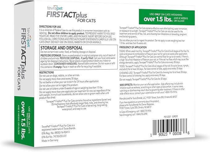 5 TevraPet FirstAct Plus Flea and Tick Prevention for Cats Over 1.5lbs, 6 Monthly Doses, Topical Drops