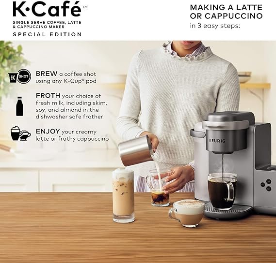 3 Keurig K-Cafe Premium Single Serve K-Cup Pod Coffee, Latte, and Cappuccino Maker with Milk Frother, Shot Capability, Nickel (Dishwasher Safe)
