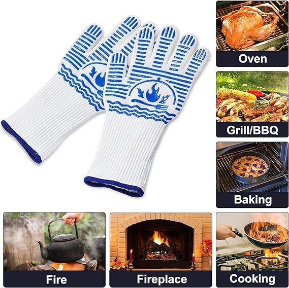 3 QUWIN BBQ Gloves, Oven Gloves 1472℉ Extreme Heat Resistant, Grilling Gloves Silicone Non-Slip Oven Mitts, Kitchen Gloves for BBQ, Grilling, Cooking, Baking-1 Pair… (One Size(Long Cuff), Blue)