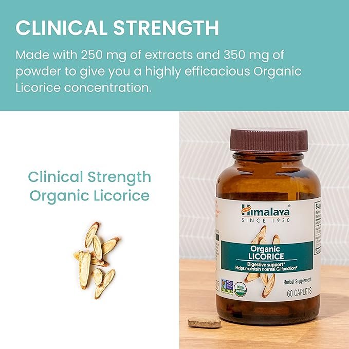 4 Himalaya Organic Licorice Root Herbal Supplement, Non-DGL, Occasional Heartburn and Indigestion Relief, Upset Stomach Relief, Digestive Support, Non-GMO, USDA Organic, Vegan, 60 Plant-Based Caplets