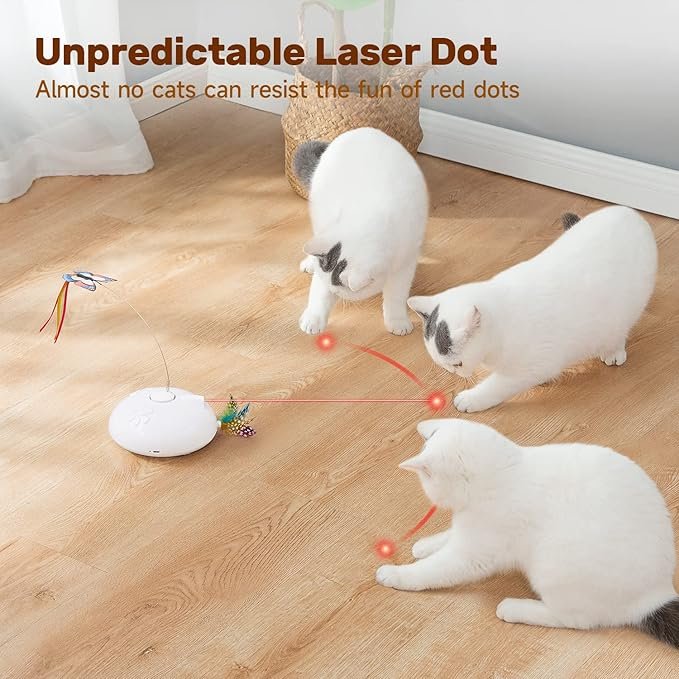 2 Potaroma Electric Running Cat Laser Toys Interactive, Fluttering Butterfly, 4in1 Automatic Rechargeable Kitten Toy, Colored Feather, Indoor Exercise Cat Kicker, White
