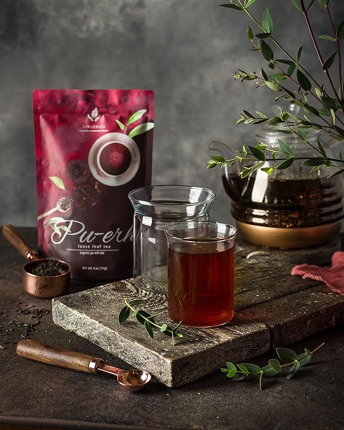 4 Gardenika Organic Puerh Loose Leaf Tea – High-Caffeine Black Fermented Leaves – Kosher, No Natural or Artificial Flavors – 4 oz