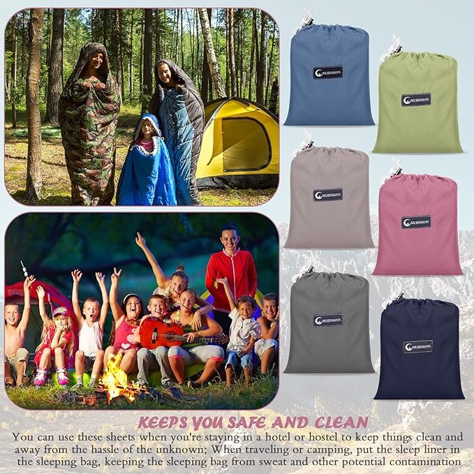 5 6 Piece Travel and Camping Sleeping Bag Liners - Lightweight Sheets with Zipper for Traveling, Hotel Hostels, Camping, Picnic, and Backpacking in 6 Colors