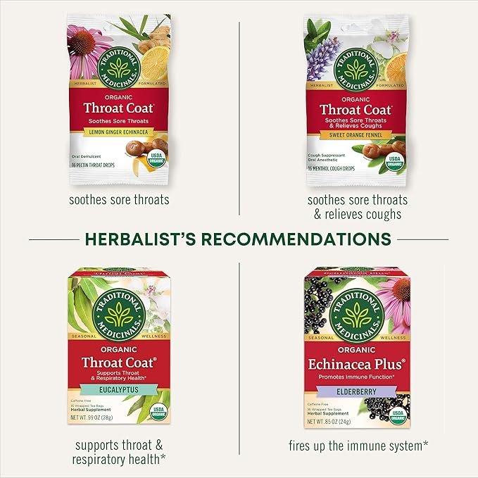 1 Traditional Medicinals Throat Coat Organic Cough Drops, Eucalyptus Mint with Menthol, Soothes Sore Throats & Relieves Coughs, 30ct.