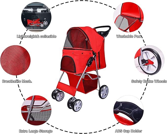 2 Elevon Pet Stroller, 4 Wheels Multifunction Dog Cat Stroller, Folding Portable Travel Stroller with Detachable Carrier, Suitable for Medium Small Dogs Cats, Red