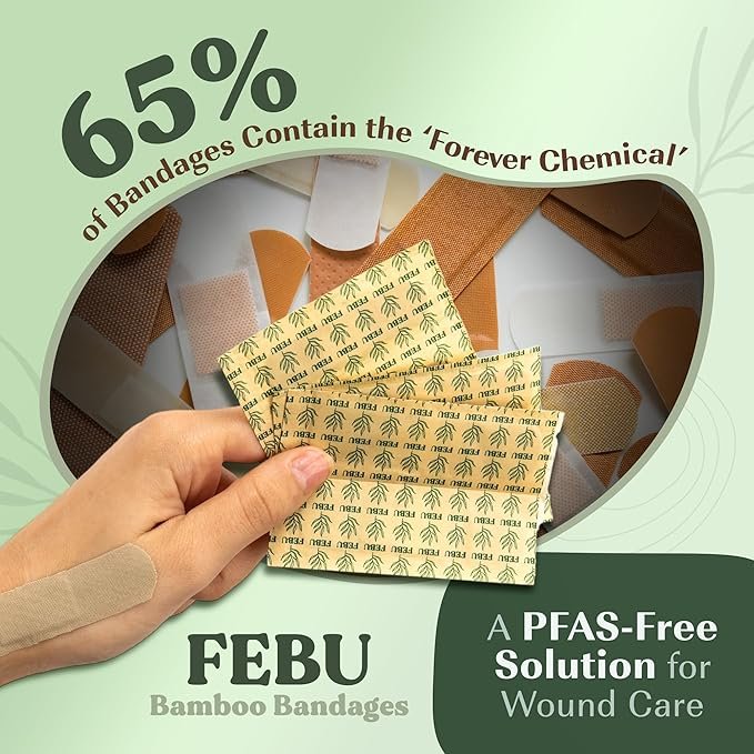 1 FEBU Eco-Friendly Organic Bamboo Fabric Bandages | PFAS Free Bandages for Scrapes & Cuts | Flexible Fabric Bandages | Latex Free Bandages | Fully Compostable | 50 Count Spot Bandages