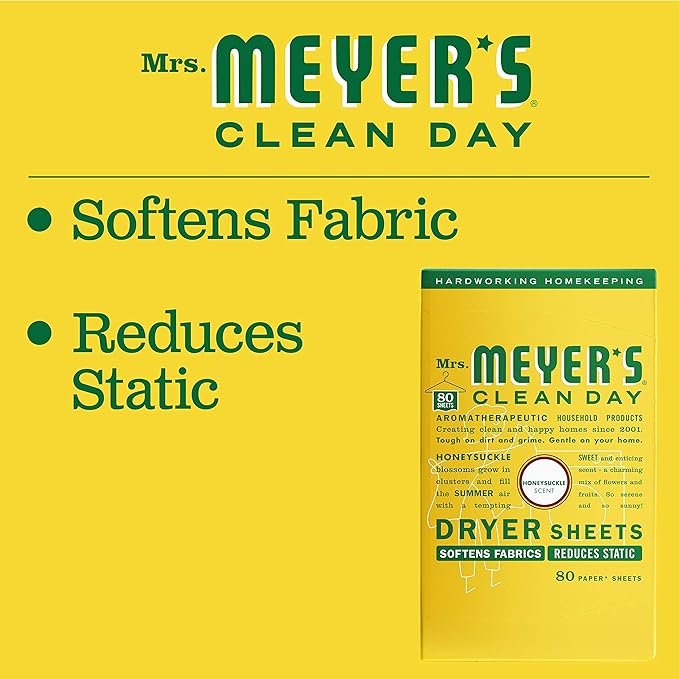 3 MRS. MEYER'S CLEAN DAY Dryer Sheets, Fabric Softener, Reduces Static, Infused with Essential Oils, Honeysuckle, 80 Count
