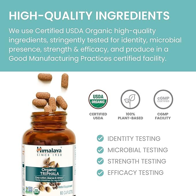 3 Himalaya Organic Triphala Herbal Supplement for Colon Cleansing, Supports Regularity, Occasional Bloating, Waste Elimination, USDA Organic, Non-GMO, Vegan, 688 mg, 30 Plant-Based Caplets