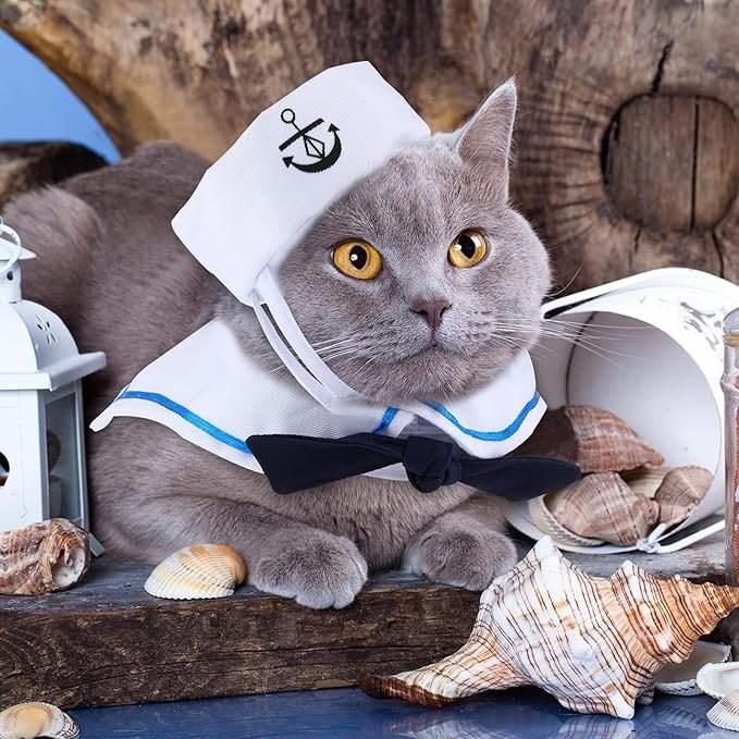 3 5 Pieces Halloween Cat Sailor Costume Set Dog Captain Hat Sailor Hat Cat Captain Navy Sailor Suit Small Pet Sunglasses Cravat Neck Tie for Cat Puppy Photo Props Costume Party Accessories