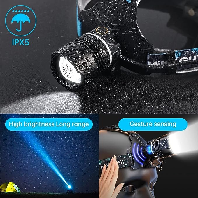 4 LED Rechargeable Headlamp, Headlight 90000 Lumens Super Bright with 6 Modes & IPX5 Warning Light, Motion Sensor Adjustable Headband Head Lamp, 60° Adjustable for Adult Outdoor Camping Running Cycling