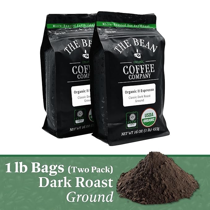 1 The Bean Organic Coffee Company Il Espresso, Classic Dark Roast, Ground Coffee, 16-Ounce Bags (Pack of 2), Café molido tostado orgánico