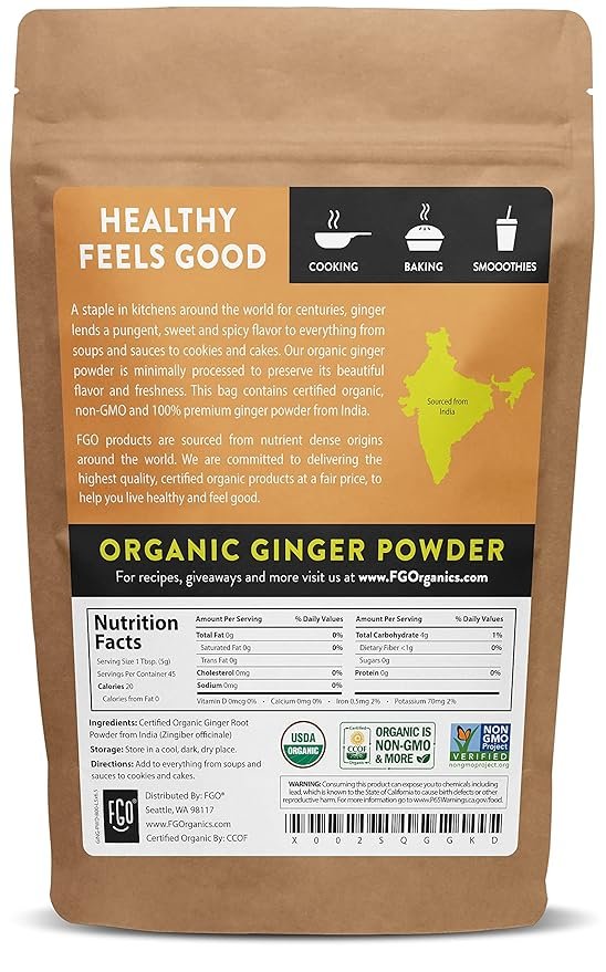 4 Organic Ginger Powder | Imported from India | 8oz/226g Resealable Kraft Bag | by FGO