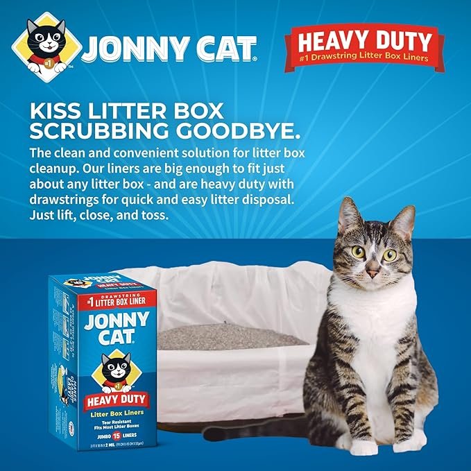 2 Jonny Cat Litter Box Liners: Heavy Duty - Tear & Leak Resistant - Drawstring Close - Jumbo, 15 Count