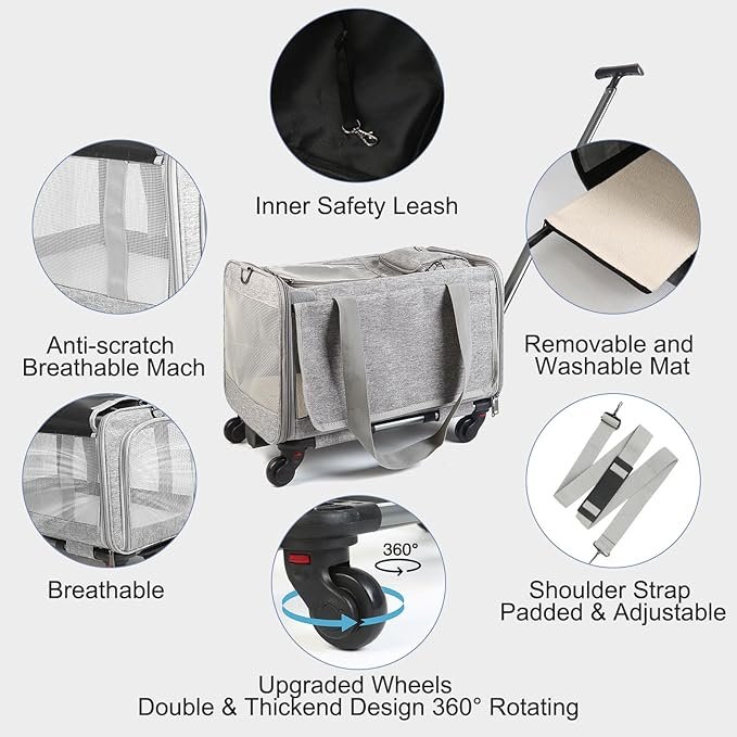 2 Cat Carrier with Wheels Airline Approved, Designed for Dogs & Cats with Wheels for Up to 25 LBS(Upgrade Material-Sponge Filling) with Telescoping Handle for Walking Travel Vet Visits (Grey)