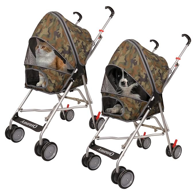 1 AmorosO Pet Stroller | Dog Stroller & Cat Stroller Polyester, Heavy Duty & Folding Pet Stroller for Travel | Mesh Viewing Window | Water-Proof and Stain-Proof | Indoor & Outdoor | Camouflage