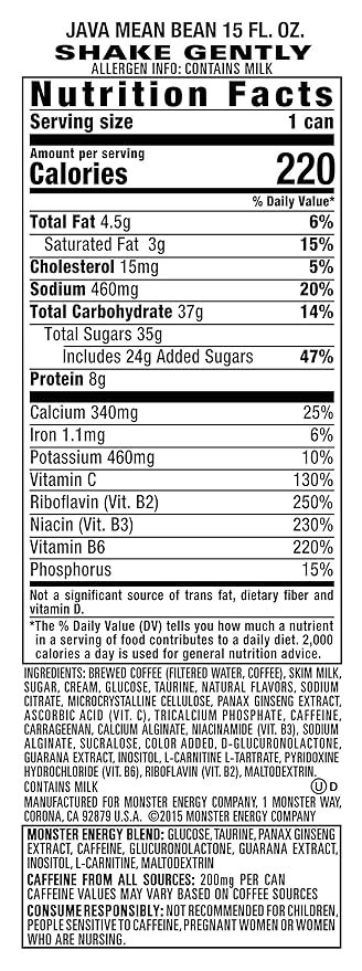 4 Java Monster Mean Bean, Coffee + Energy Beverage, 15 Fl Oz (Pack of 12)
