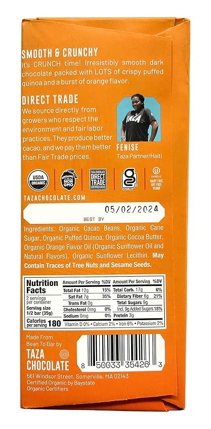 2 Taza Chocolate Organic Smooth & Crunchy Bars 70% Stone Ground, Orange Crunch 2.5 Ounces (10 Count), Vegan
