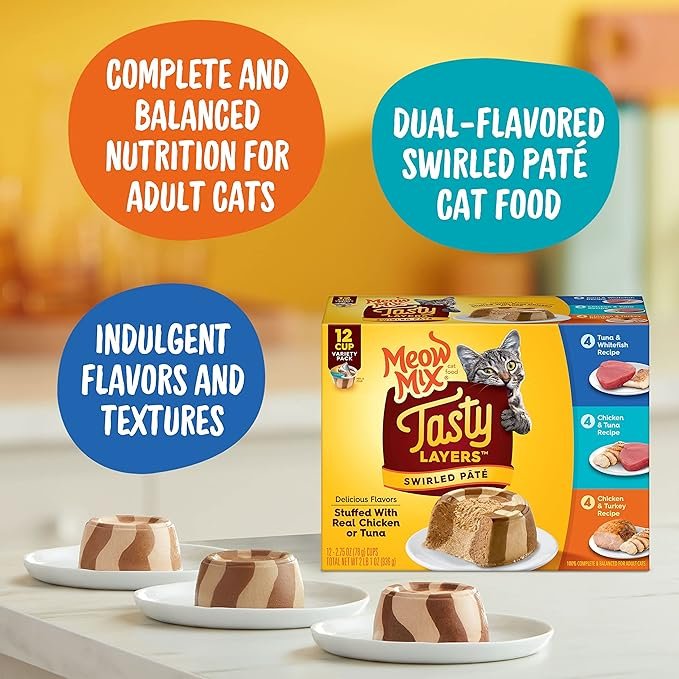 2 Meow Mix Tasty Layers Swirled Paté Wet Cat Food Variety Pack, 2.75 Oz - 12 Count (Pack of 4)