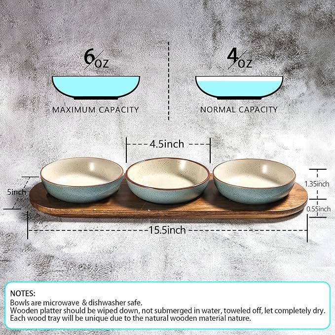 1 Artena 6oz Turquoise Solid Ceramic Chips and Dip Serving Platter with Acacia Wooden Tray, 4.5inch Glazing Small Serving Bowls/Dipping Dishes for Condiments,Side Dishes, Dipping, Pre, Dessert, Salsa