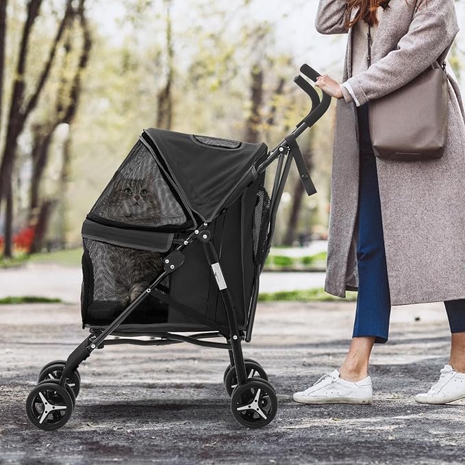 1 MoNiBloom 4 Wheels Pet Stroller, Easy-Fold Puppy Cage Jogger Stroller with Sun Cover, Pad and Rear Storage Bag, Breathable and Visible Mesh for Small/Medium Pets up to 22 lbs, Balck