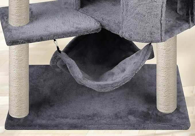 4 Newest Cat Tree with Cat Condo and Big Hammock，Grey