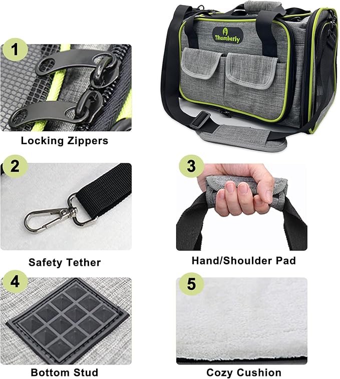 1 Thumberly Cat Carrier Soft-Sided - Pet Carrier Airline Approved for Medium Cats, Small Animals and Puppy Under 15 Lbs, Small Dog Carrier 1 Side Expandable - Size Small