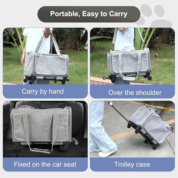 4 Cat Carrier with Wheels Airline Approved, Designed for Dogs & Cats with Wheels for Up to 25 LBS(Upgrade Material-Sponge Filling) with Telescoping Handle for Walking Travel Vet Visits (Grey)