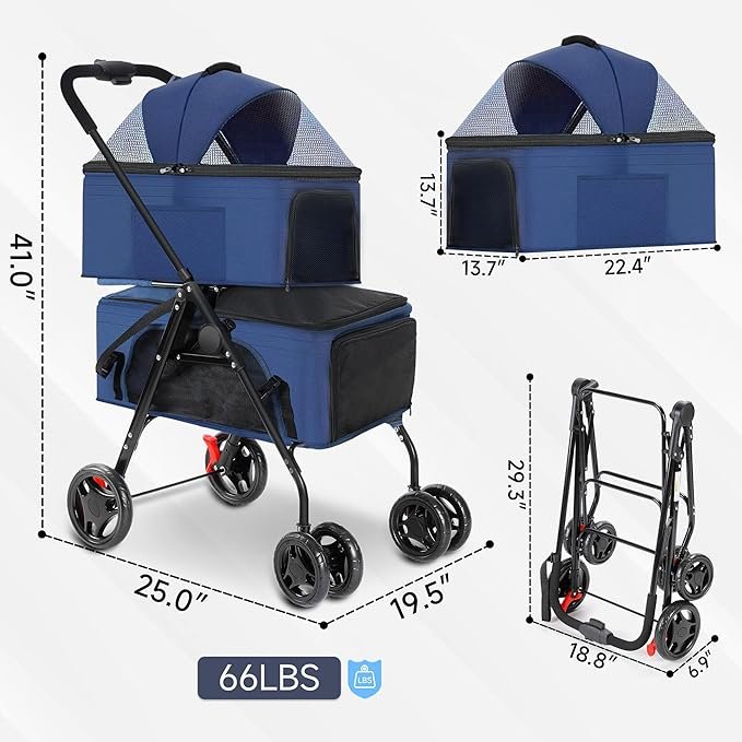 5 Rengue Double Pet Strollers, Dog Strollers for 2 Small Dogs or Cats, Double Cat Strollers with 2 Detachable Carrier Bags, Folding Dog Strollers with 4 Lockable Wheels, Travel Small Dog Strollers