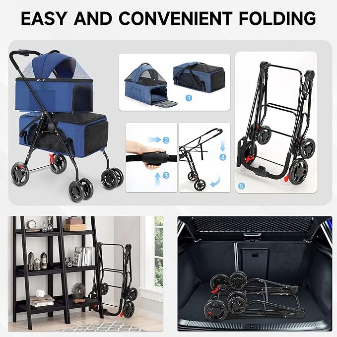 1 Rengue Double Pet Strollers, Dog Strollers for 2 Small Dogs or Cats, Double Cat Strollers with 2 Detachable Carrier Bags, Folding Dog Strollers with 4 Lockable Wheels, Travel Small Dog Strollers