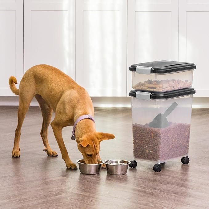 1 IRIS USA 30 lbs & 11 lbs Combo Airtight Dog Food Storage Container, Stackable Treat Box, 2-Cup Scoop, Casters, Keep Fresh, Easy Mobility, Black