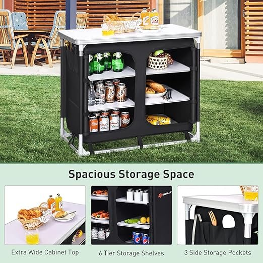 1 Goplus Camping Table with Storage, Aluminum Portable Camp Kitchen Cabinet Table with Carrying Bag, Lightweight Outdoor Cooking Table for Picnic Tailgating Beach BBQ Party RV (Black)