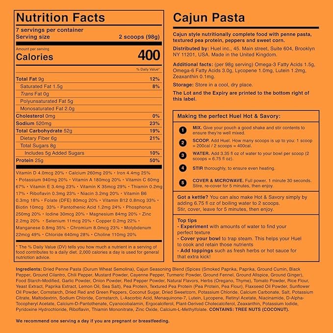1 Huel Cajun Pasta Hot and Savory Instant Meal Replacement - 14 Scoops Packed with 100% Complete Nutrition, including Protein, Fiber, and Essential Vitamins and Minerals, with LastFuel scoop.