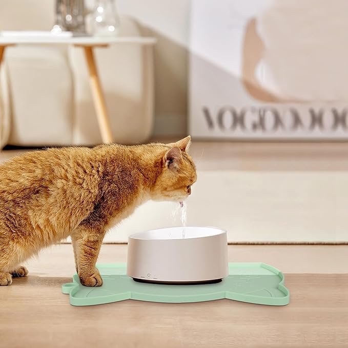 5 Coomazy Cat Food Mat, Waterproof Non-Slip Silicone Dog Water Bowls Mat for Floors Carpets, Raised Edge Design to Prevent Food Spills and Water Runoff, Cyan