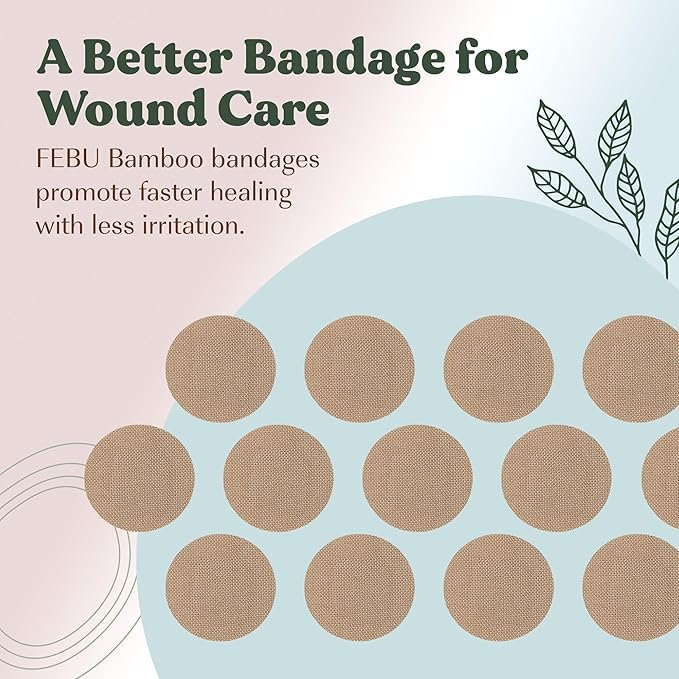 5 FEBU Eco-Friendly Organic Bamboo Fabric Bandages | PFAS Free Bandages for Scrapes & Cuts | Flexible Fabric Bandages | Latex Free Bandages | Fully Compostable | 50 Count Spot Bandages