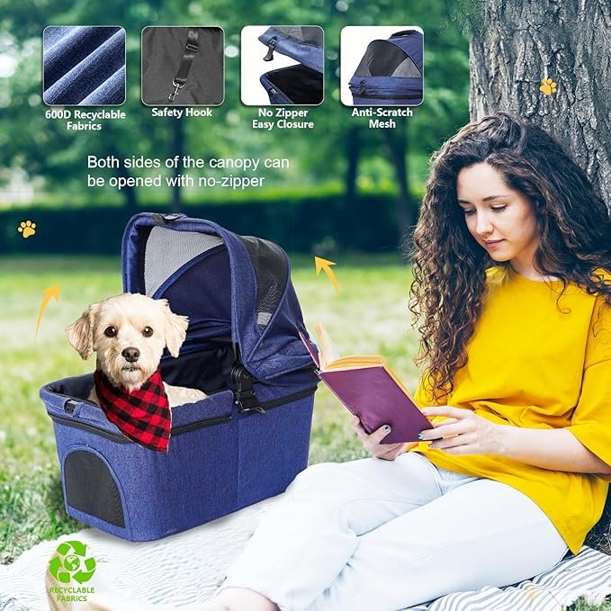 2 HOVNIA 3 in 1 Dog Stroller, Lightweight Foldable Pet Stroller, 4 Wheels Dog Cat Stroller with Removable Travel Carrier, No-Zip Canopy, Cup Holder, Large Storage Basket for Small Pet - Blue