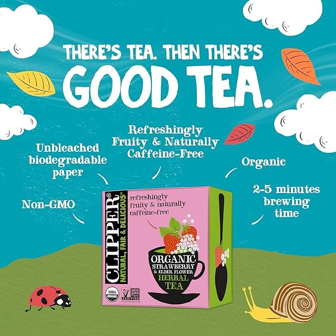 1 Clipper Tea Strawberry & Elderflower Herbal Tea – Caffeine Free, USDA Organic, Great Hot or Iced – Refreshingly Fruity, Natural, Fair & Delicious – 50 Tea Bags