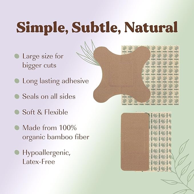 2 FEBU Eco-Friendly Large Organic Bamboo Bandages | PFAS Free Bandages for Scrapes & Cuts | Flexible Fabric Bandages | Latex Free Bandages | Fully Compostable | 20 Count Assorted Large Bandages