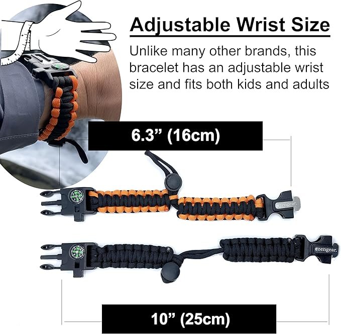 3 Paracord Survival Bracelets - Compass, Flint Fire Starter, Whistle, Adjustable Wrist Size - Camping, Hiking, Emergency Kit (Black & Orange, Pair)