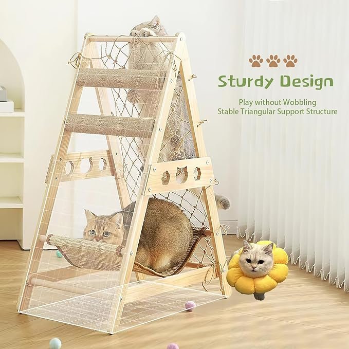 4 Cat Tower for Indoor Cats with Hammock Straching Post Climbing Web and Danging Sisal Ball, Cute Solid Wood Cat Tree
