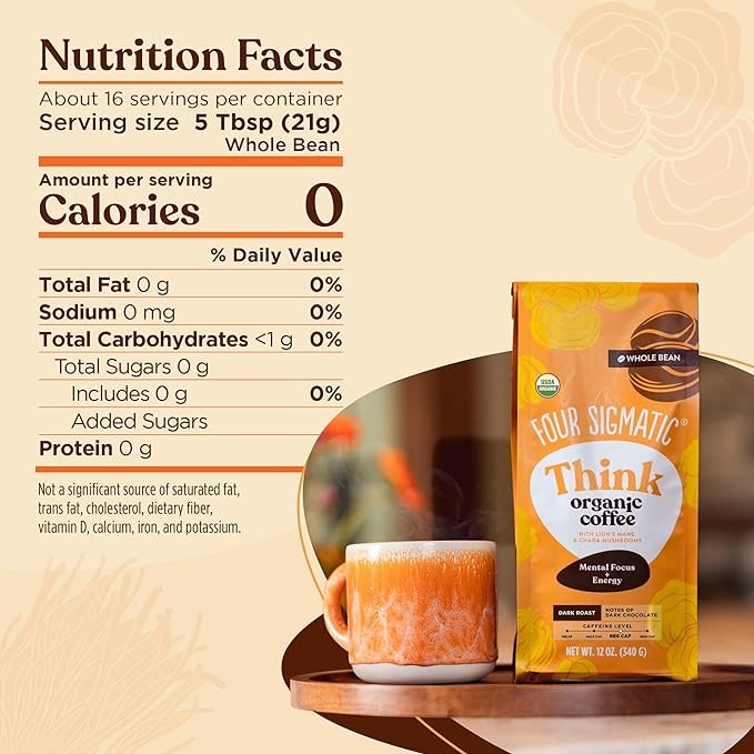1 Dark Roast Organic Whole Bean Coffee by Four Sigmatic | Fair Trade Coffee Beans Coated with Lion's Mane, Chaga Mushrooms | Nootropic Mushroom Coffee for Enhanced Brain Function & Immune Support | 12oz