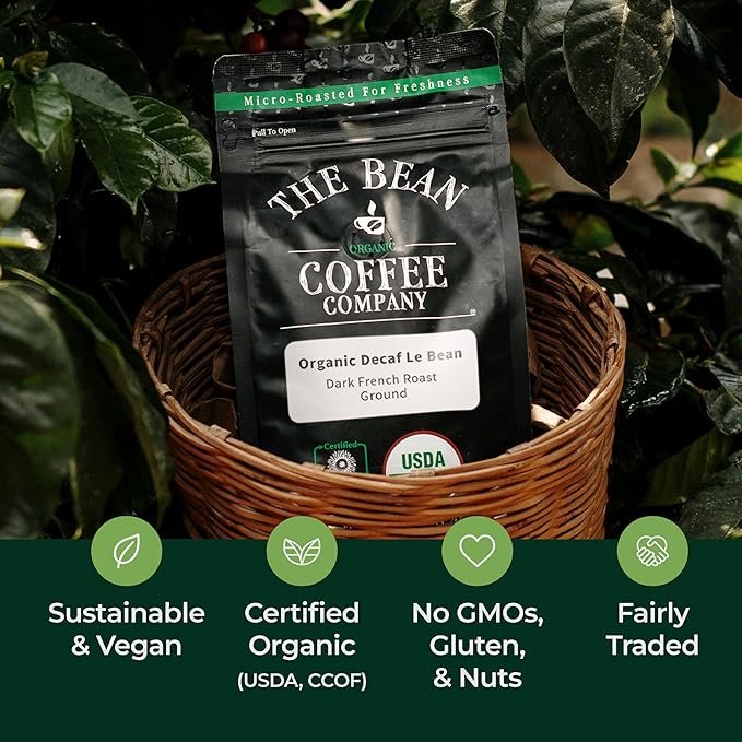 4 The Bean Organic Coffee Company Water Processed DECAF Le Bean, Dark French Roast, Ground Coffee, 16-Ounce Bags (Pack of 2), Café Molido Tostado Orgánico descafeinado