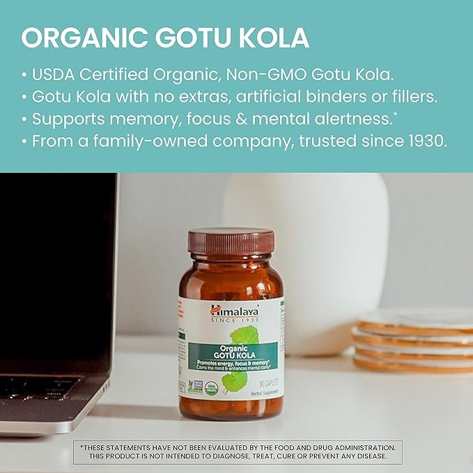 1 Himalaya Organic Gotu Kola, Herbal Supplement for Energy, Focus, Memory, Alertness, Concentration, Calms The Mind, Cognitive Support, Non-GMO, USDA Organic, 90 Plant-Based Caplets, 45 Day Supply