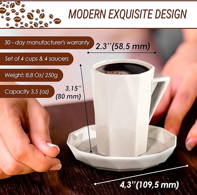 3 Ivory White Ceramic Espresso Cups Set of 4, Including Saucers - Includes a Complimentary Poster Displaying Various Espresso Drink Recipes - Contemporary Dishwasher Safe Coffee Cups - 3.5 oz Capacity Each - Presented in a Gift Box, Suitable for Any Event
