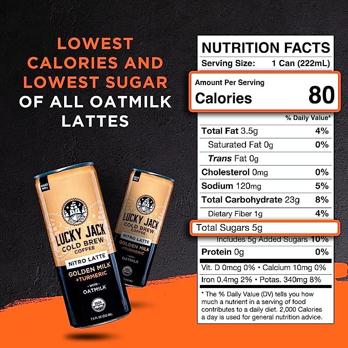 3 Lucky Jack Turmeric Cold Brew Latte with Oat Milk - Nitro Infused, 130mg Caffeine Per Serving - Certified Organic, Gluten Free, Nut Free, Kosher – 12 Pack, 7.5oz Cans