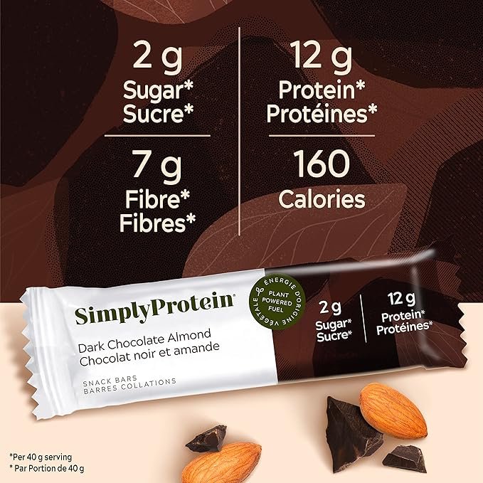 1 Simply Protein Protein Snack Bars, Pack of 12, Dark Chocolate Almond Plant-Based High Protein, Low Sugar, Dairy Free