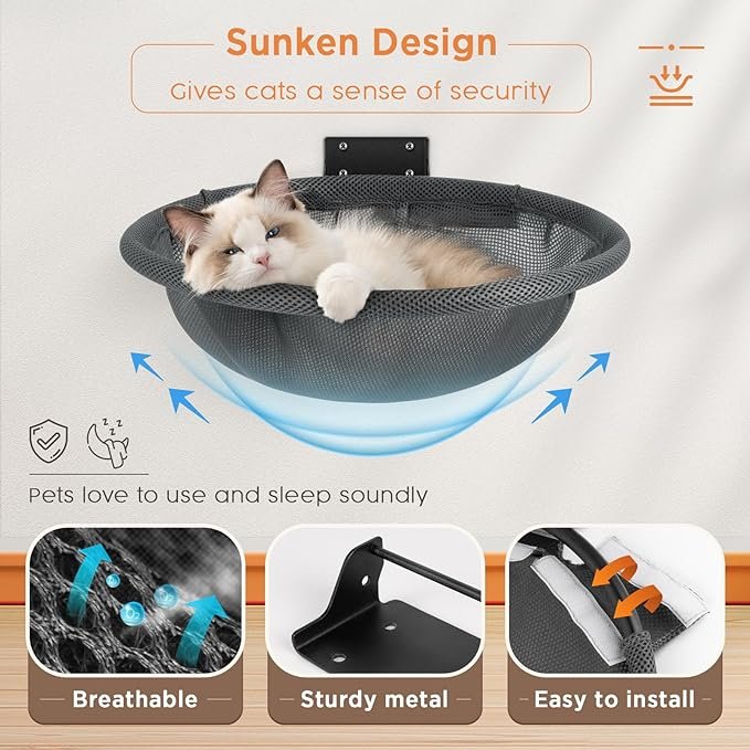 1 JUNSPOW Cat Hammock Wall Mounted, Foldable & Stable Cat Beds- Breathable Cat Wall Shelves for Sleeping, Playing, Climbing, and Lounging - Maximum Hold Up to 30lb (Gray)