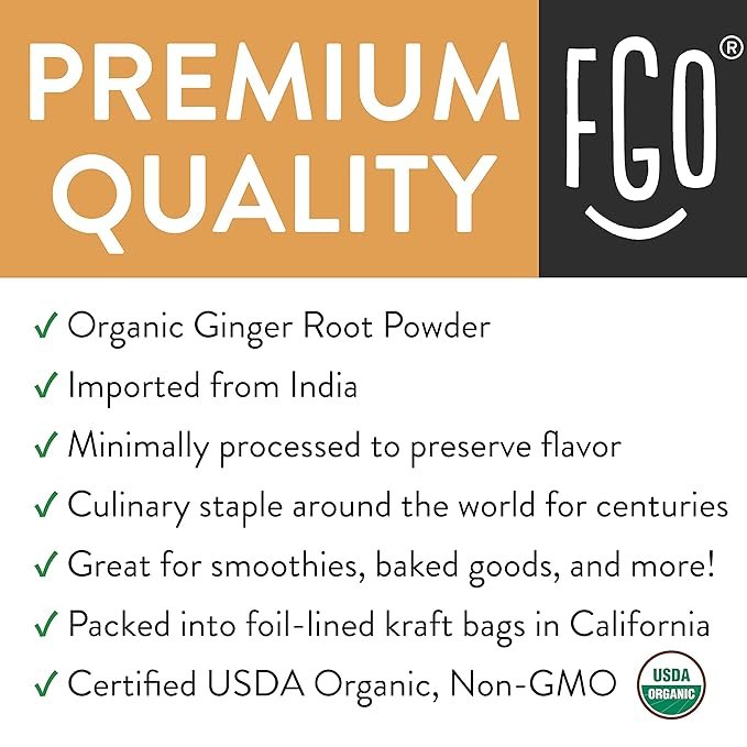 1 Organic Ginger Powder | Imported from India | 8oz/226g Resealable Kraft Bag | by FGO