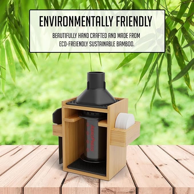 7 HEXNUB – Bamboo Organizer for AeroPress, Compact Coffee Caddy Station Holds AeroPress Coffee Maker, Accessories, Filters, Cups, Stand includes Mats (Black)